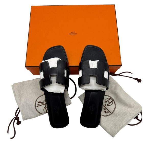 Hermès Black Oran Sandals - Size 7.5 - Picture 1 of 8